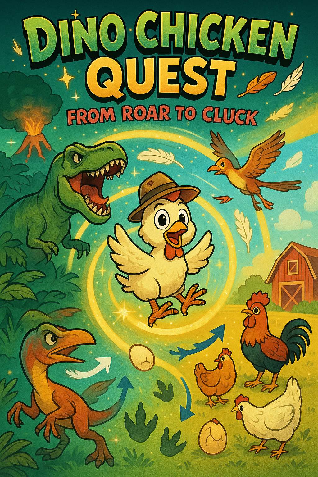Vibrant comic book cover featuring a cheerful chicken with dino claws surfing a time spiral from a roaring T-Rex in a lush jungle, through feathered dinosaurs and early birds soaring in the sky, to wild red junglefowl and a cozy farm with chickens, surrounded by glowing feathers, eggs, and dino footprints, in a gradient of jungle greens to farm golds with sparkles and evolution arrows