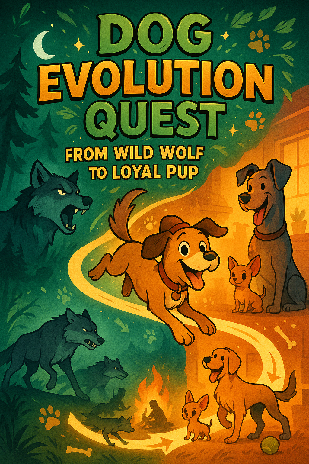 Vibrant comic book cover featuring a cheerful dog with an explorer collar riding a winding time path from a fierce wolf howling in a misty forest, through pack-hunting wolves and early domesticated dogs by a campfire, to a cozy home scene with diverse dog breeds like a tiny Chihuahua and a giant Great Dane playing together, surrounded by glowing paw prints, bones, and a tennis ball, with evolution arrows connecting the stages, in a gradient of deep forest greens to warm home oranges with sparkles and wild grasses