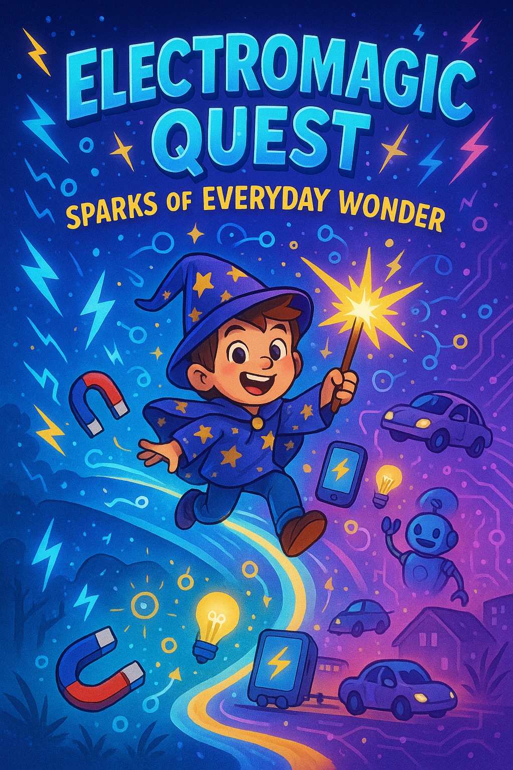 Vibrant comic book cover featuring a joyful kid wizard wielding a glowing spark wand, riding a dazzling energy wave from crackling electricity bolts and pulling magnets, through powerful electromagnets and daily gadgets like glowing lights and buzzing phones, to futuristic flying cars and robots, surrounded by sparkling electrons, magnetic fields, and energy bursts, in a gradient of electric blues to vibrant purples with glowing arrows and sparkles