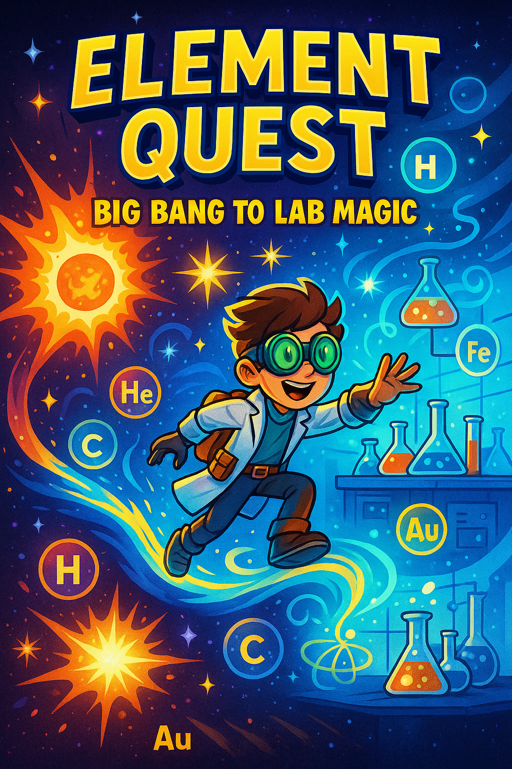 Vibrant comic book cover featuring a young scientist in a lab coat and goggles surfing a cosmic wave from a glowing Big Bang explosion through starry skies and a supernova burst, to a high-tech lab with bubbling beakers and particle accelerators, with glowing periodic table elements like H, He, C, Au, and Fe floating around, set against a gradient of deep space blues to bright lab whites with sparkling atoms and energy bursts