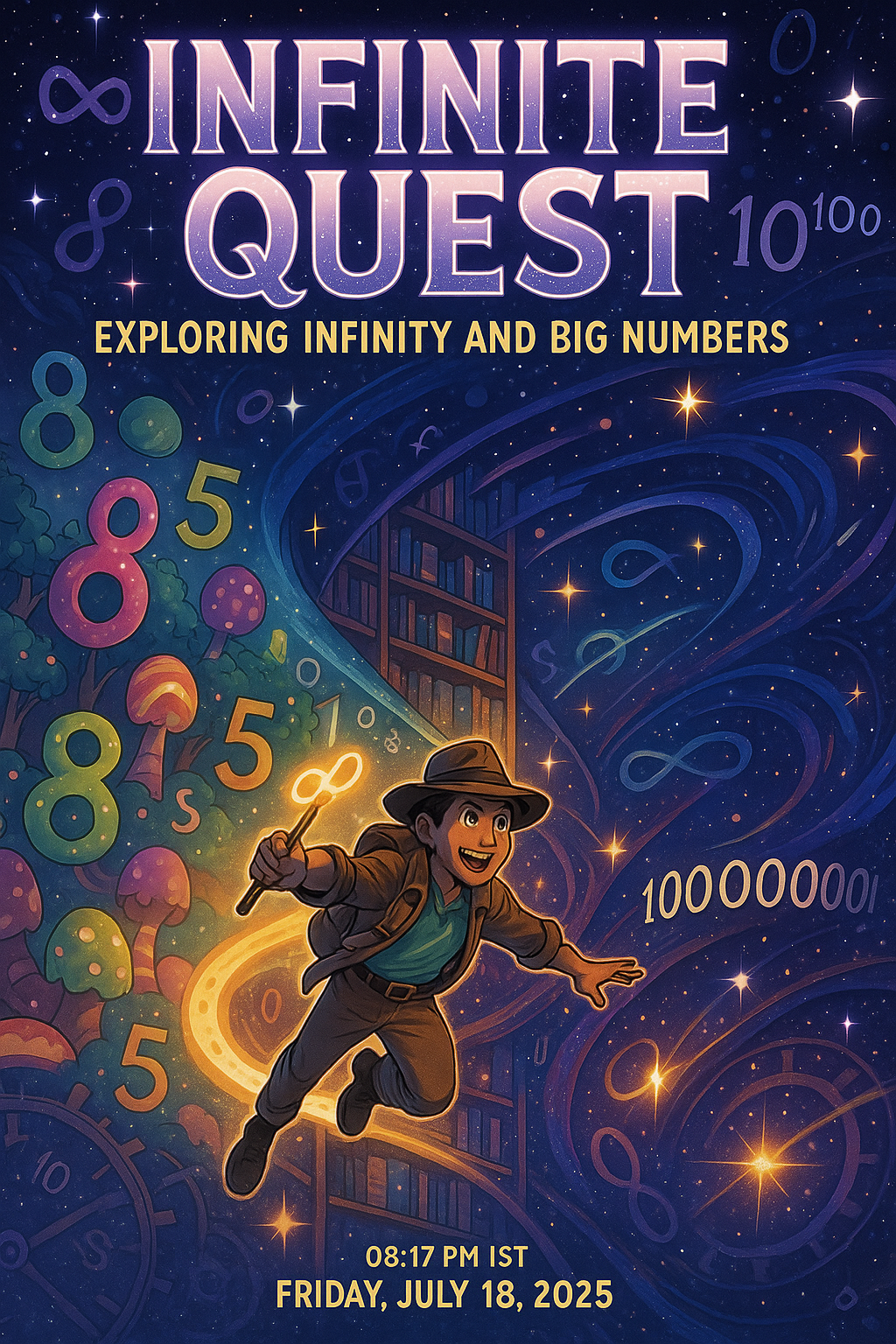 Vibrant comic book cover featuring Infinite Indy wielding an infinity wand, soaring through a cosmic vortex from an endless candy forest with giant numbers, past a library of infinite sets, to a futuristic multiverse with glowing big number galaxies, surrounded by sparkling infinity loops, cosmic counters, and star trails, in a gradient of deep purples to starry whites, set against the backdrop of 08:16 PM IST on Friday, July 18, 2025