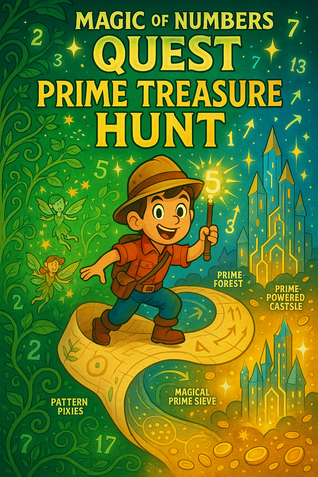 Vibrant comic book cover featuring a brave adventurer Prime Pal wielding a glowing number wand, riding a treasure map wave through a number forest with unique prime treasures like 2, 3, 5, and 7, past pattern pixies dancing with sequences, and into a futuristic prime-powered castle, surrounded by sparkling prime symbols, magical sieves, and evolution arrows, in a gradient of forest greens to golden treasures with star bursts