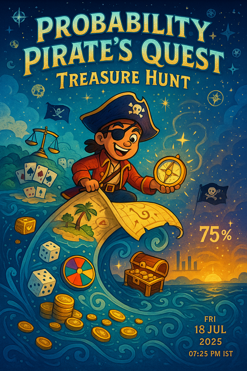 Vibrant comic book cover featuring a daring Probability Pirate wielding a chance compass, sailing a treasure map wave across a stormy sea of dice and coins, past fair game islands with scales, to a futuristic starlit horizon with probability charts, surrounded by glowing treasure chests, odds arrows, and sea swirls, in a gradient of ocean blues to starry golds with pirate flags, set against the backdrop of 07:23 PM IST on Friday, July 18, 2025
