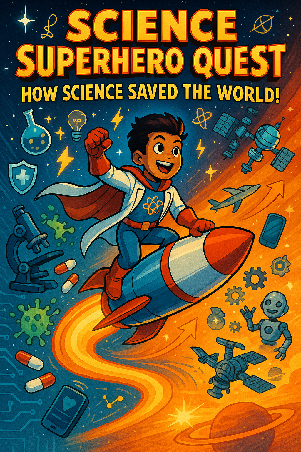 Vibrant comic book cover featuring a brave young superhero in a lab coat cape riding a swirling time rocket, starting with a microscope revealing tiny germs, flowing through antibiotic pills, medical devices, smartphones, and flying planes, to futuristic space stations and robots, surrounded by glowing science tools, health shields, and evolution arrows, in a gradient of deep space blues to radiant sunrise oranges with circuit patterns and star bursts