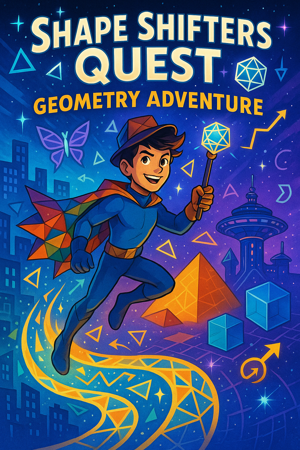 Vibrant comic book cover featuring a brave shape-shifting hero Geo-Guru wielding a geometric wand, riding a swirling shape wave through a city of transforming triangles, angles, and symmetrical butterflies, past 3D pyramids and cubes, to a futuristic space station, surrounded by glowing angles, symmetry mirrors, and evolution arrows, in a gradient of city blues to cosmic purples with star bursts
