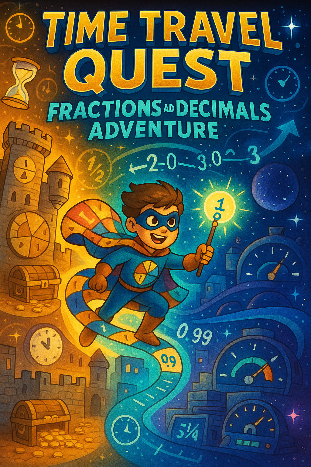 Vibrant comic book cover featuring a time-traveling hero Fraction Flyer wielding a fraction wand, riding a swirling time vortex from a medieval castle with pie slices, through a futuristic market with decimal dials, to a space station with fractional fuel gauges, surrounded by glowing time clocks, decimal steps, and warp arrows, in a gradient of ancient golds to cosmic blues with star bursts